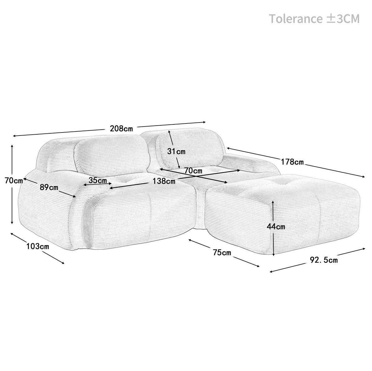 ECKSOFA modular rahmenlos Cord Braun - Braun, Kunststoff (178/208cm) - Meubliv