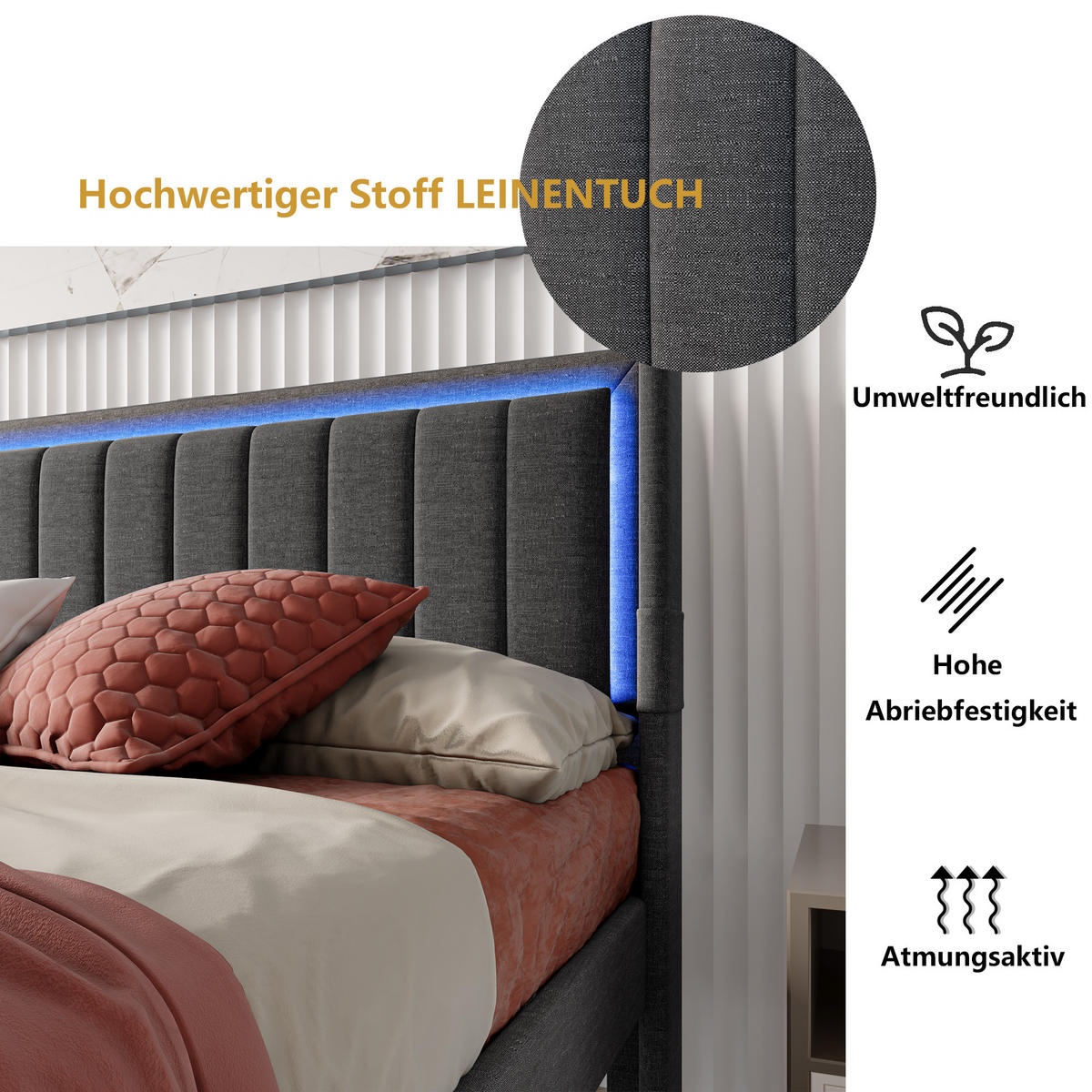 POLSTERBETT 160x200 cm, Grau, mit LED-Beleuchtung & USB-Stecker - Grau, Textil/Metall (160/200cm)