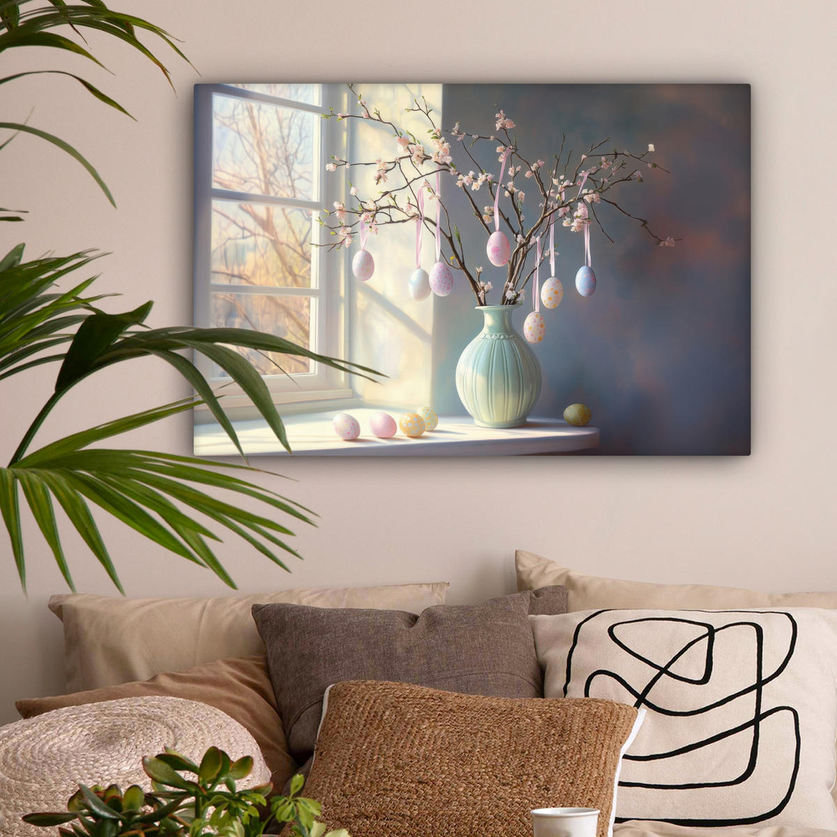 LEINWANDBILD Stillleben - Vase - Osterzweig Wanddeko 90x60 cm - Hellblau, Textil (90/60cm) - MuchoWow