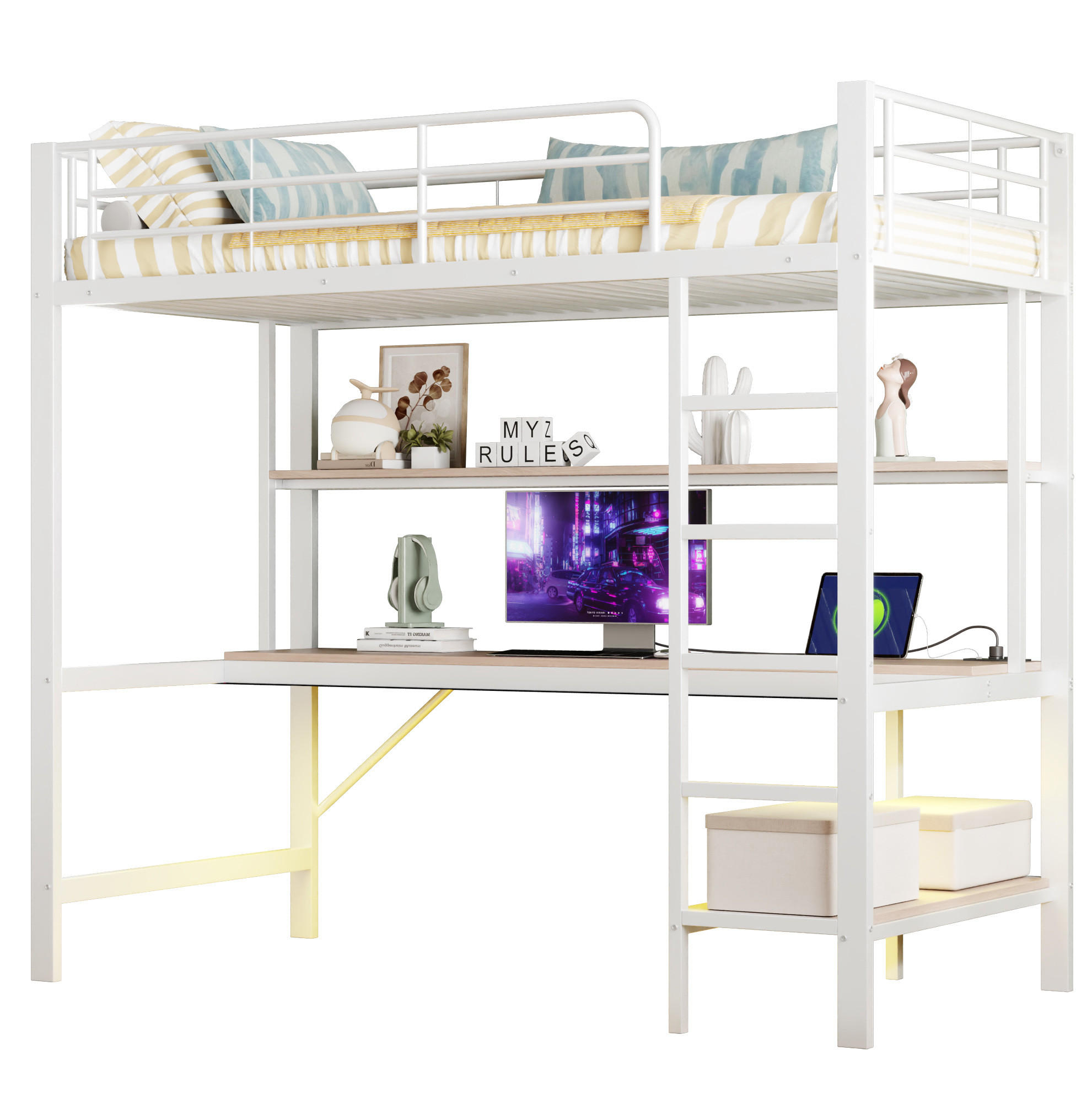 HOCHBETT 90/200 cm in Weiß mit Schreibtisch, Regal und Rausfallschutz - Weiß, Metall (90/200cm) - BEAOK