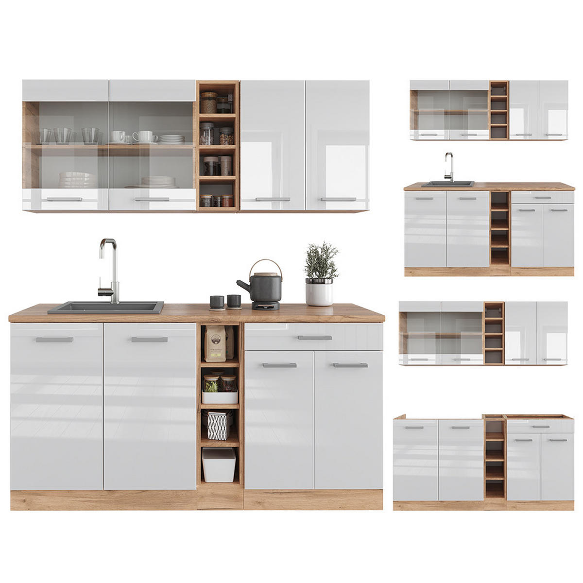 SINGLEKÜCHE R-Line Weiß Hochglanz/Goldkraft Eiche 160 cm ohne AP - Weiß Hochglanz/Eiche Wotan, Holzwerkstoff (160/81.6/46cm) - Vicco