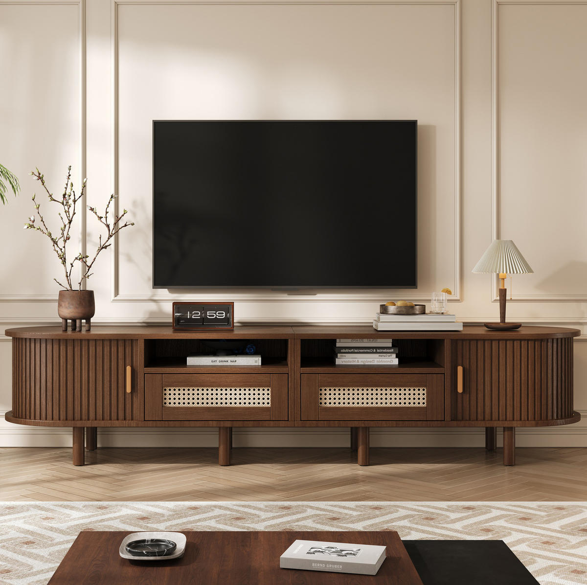 LOWBOARD 170/40/40 cm aus MDF mit Rattanfront und Schiebetüren Dunkelbraun - Braun, Holzwerkstoff (170/40/40cm) - Modenvie