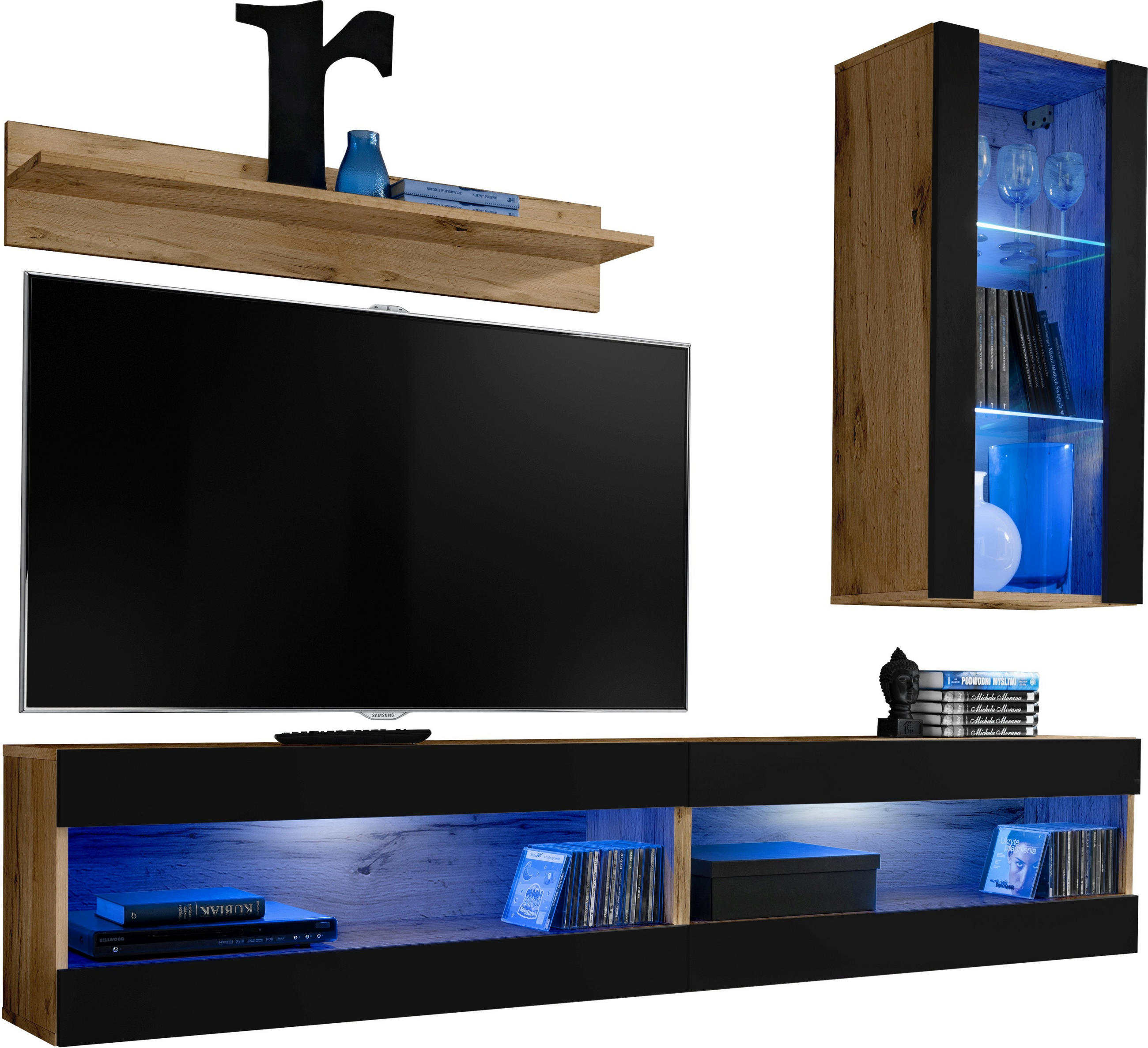 4-ER Set, Wohnwand TIVOLI SET5+BLU Offener Raum Wotan + Schwarz - Schwarz/Weiß, Glas/Holzwerkstoff (240/195/35cm) - Komodee