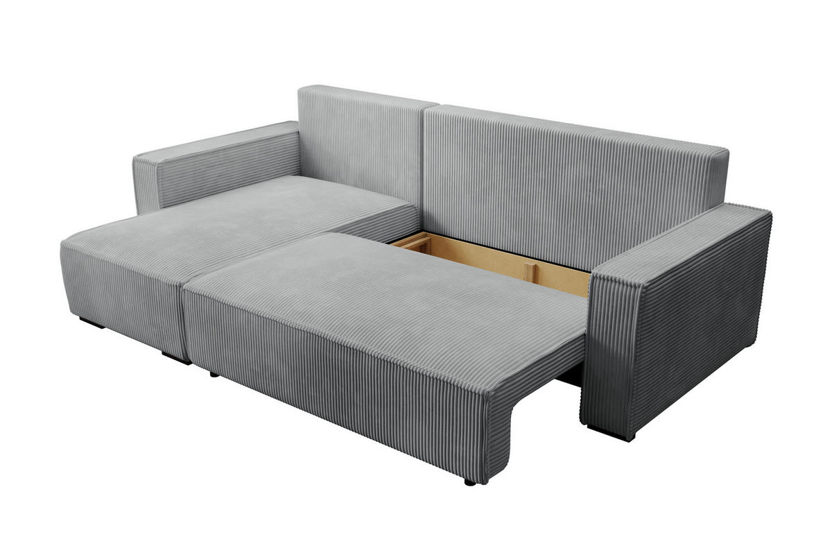 ECKSOFA CUDDY L, Eckcouch in L-Form mit Schlaffunktion und Bettkasten, Farbe: Grau, Cordstoff, Ottomane Links - Grau, Textil (240/140cm) - Storez24