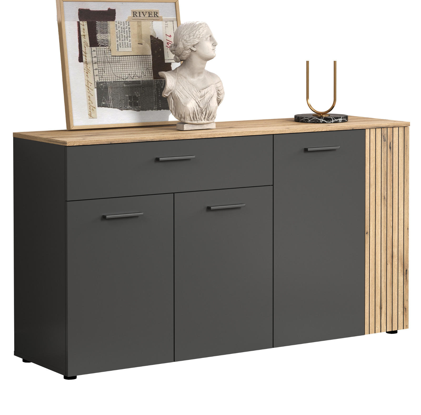SIDEBOARD grau, Evoke Eiche 150 cm, Kommode 4-türig - Eichefarben/Schwarz, Holzwerkstoff/Kunststoff (150/83/32cm) - Top.Furn