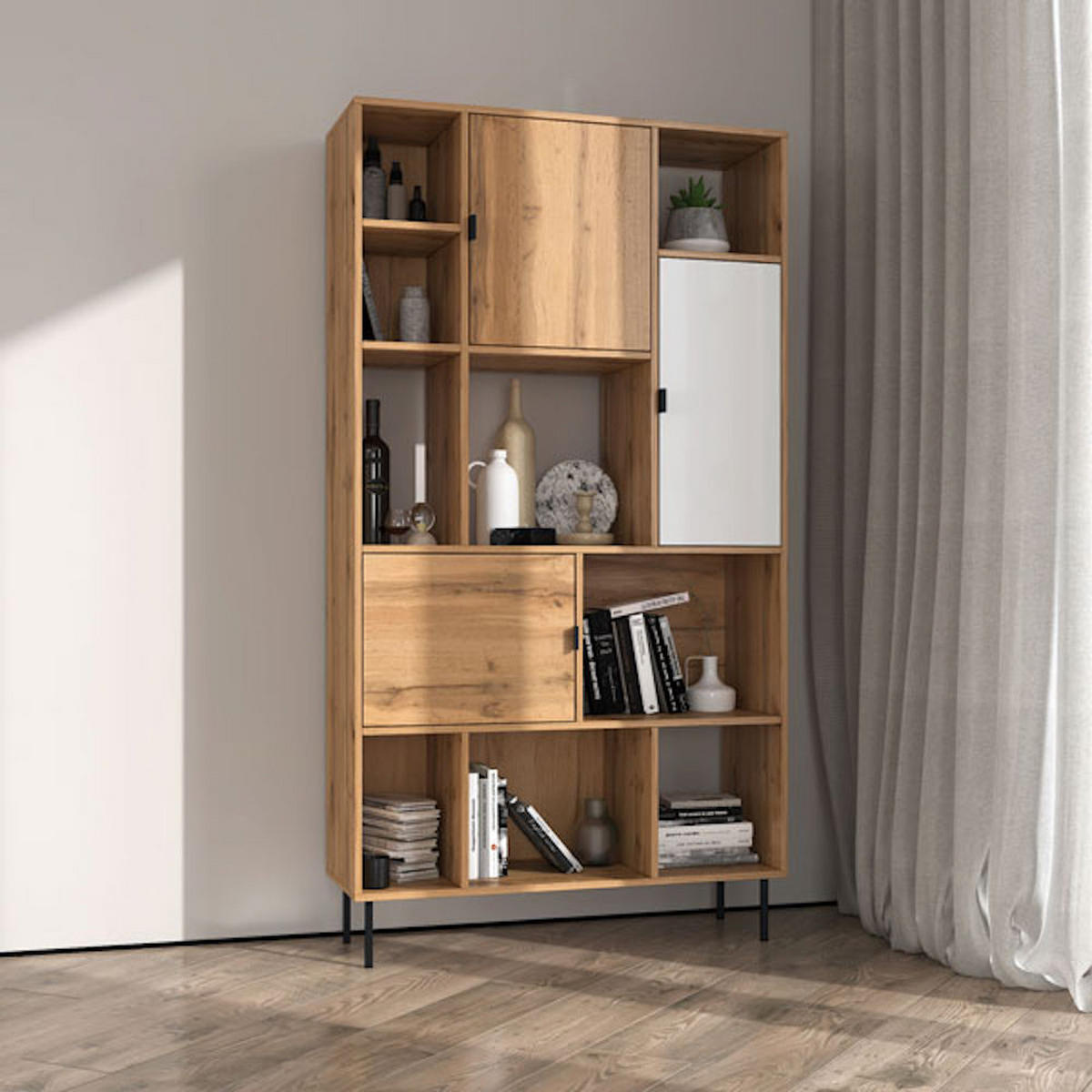 BÜCHERREGAL Kendo Wotan Eiche / weiß 100 / 35 / 185cm - Multicolor/Schwarz, Holz/Holzwerkstoff (100/185/35cm) - Feldmann-Wohnen