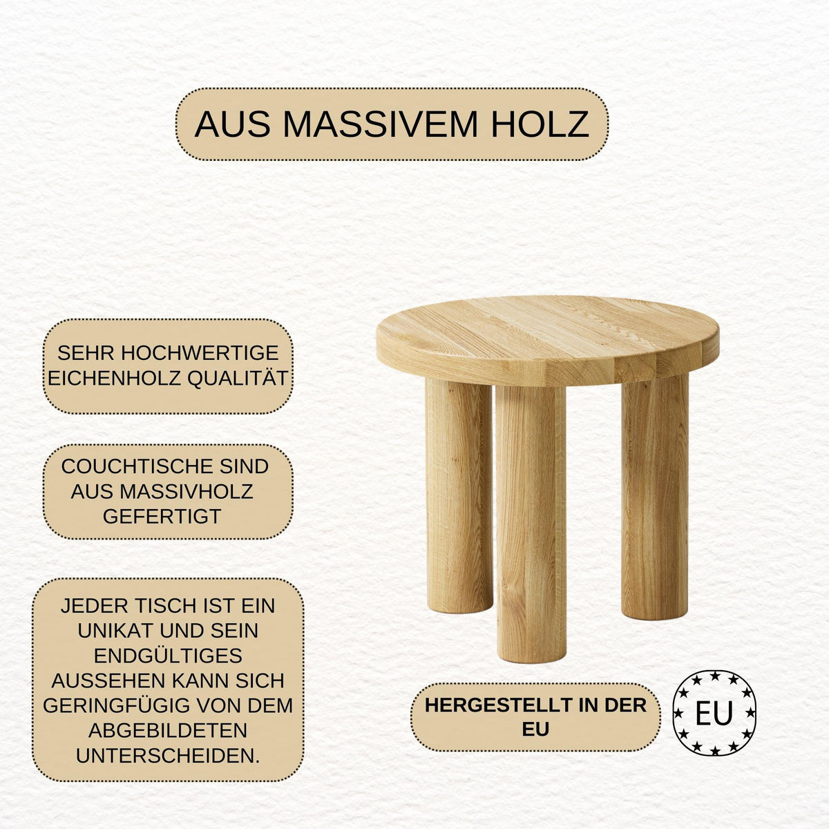 COUCHTISCH Eichenholz vollmassiv rund Naturbelassenen 70/70/45 - Naturfarben, Holz (70/70/45cm)