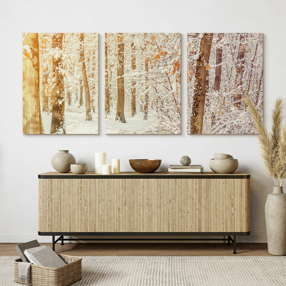 LEINWANDBILDER 3-es Set Wald Bäume 3D - Beige/Weiß, Textil (90/40cm) - Muralo