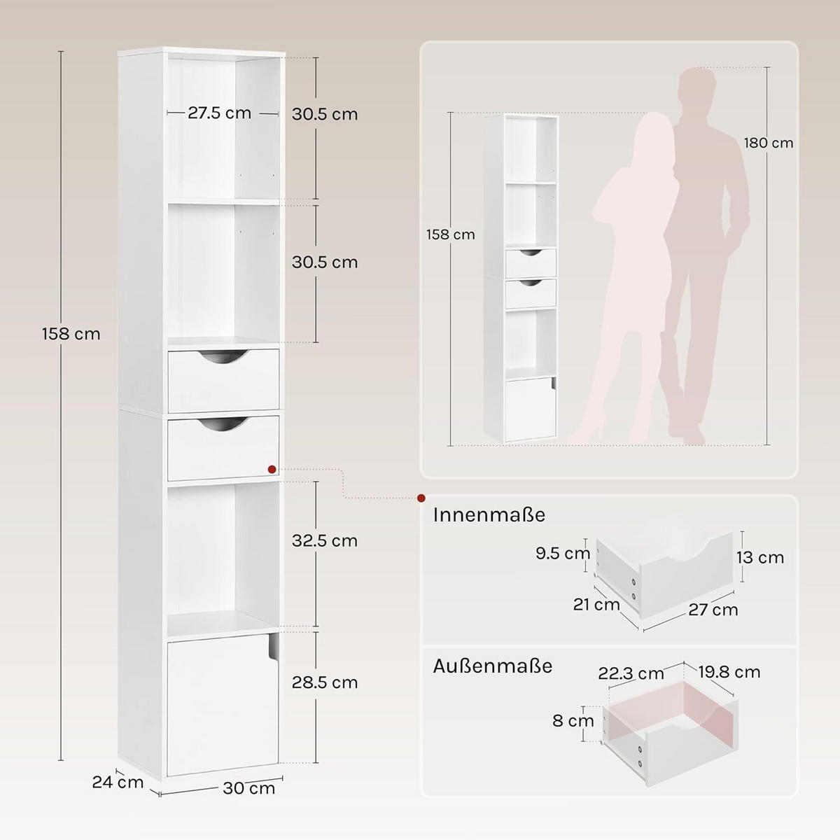BÜCHERREGAL mit Schubladen Tür Weiß - Weiß, Holzwerkstoff (30/158/24cm) - Woltu