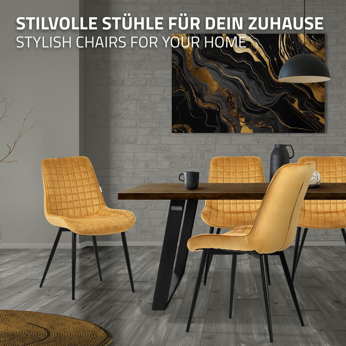 ESSZIMMERSTÜHLE 2ER-SET Senfgelb Samt - Dunkelgelb/Schwarz, Textil/Metall (52/89/60cm) - ML-DESIGN