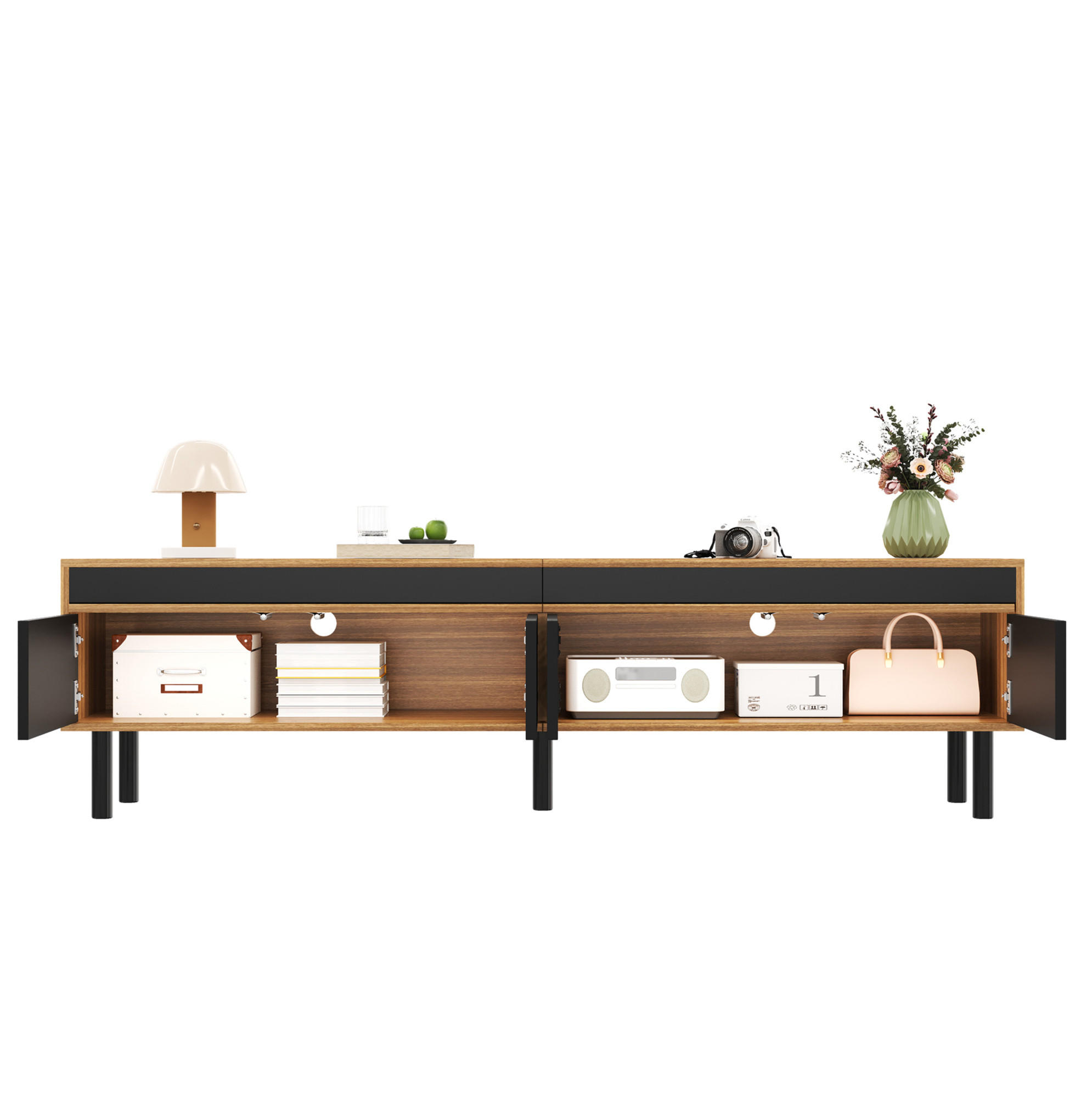 OKWISH TV stolek 170/38/47 cm černý a přírodní z dřevotřísky se 4 dvířky a úložným prostorem