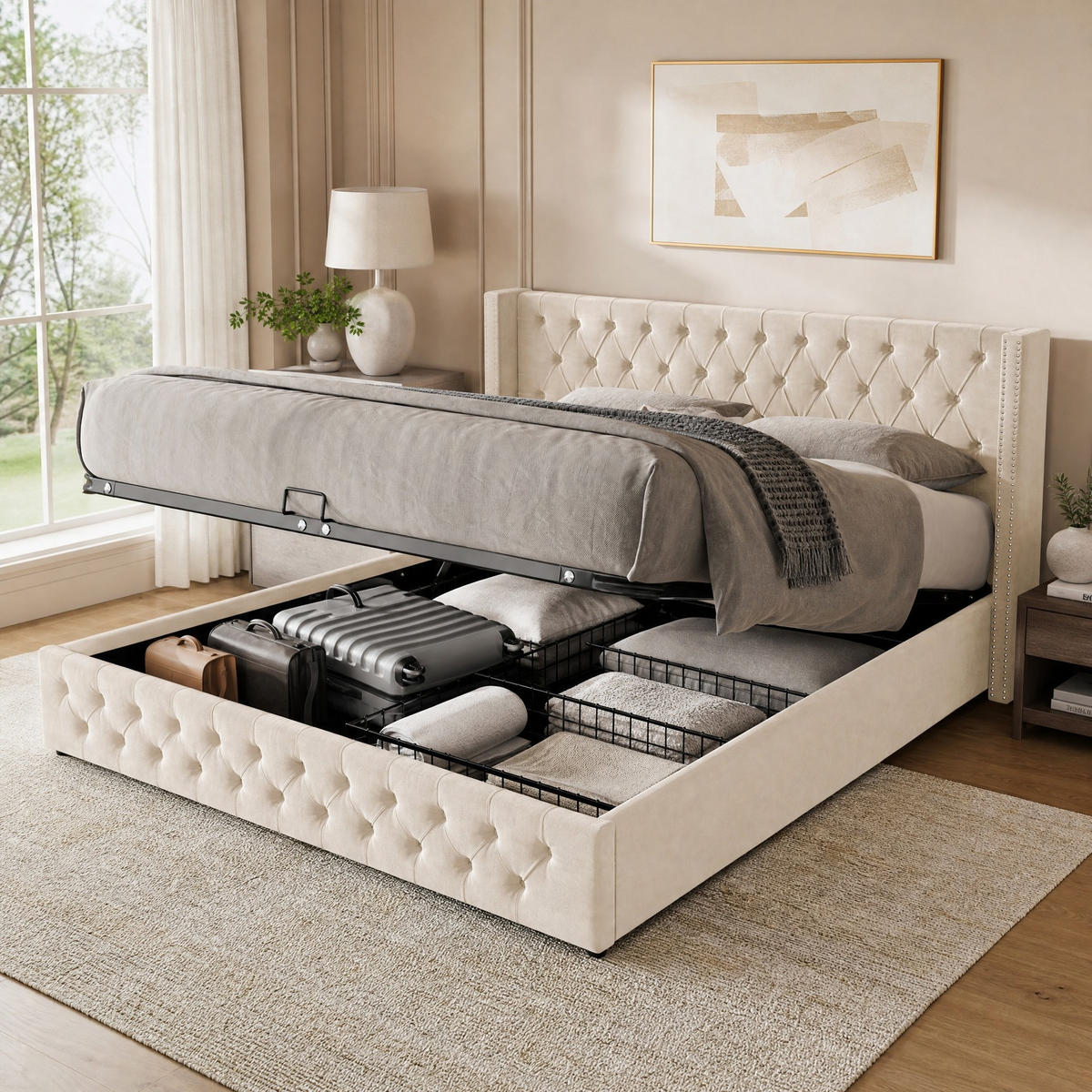 POLSTERBETT 180/200 mit hydraulischem Bettkasten, Chesterfield-Steppung und Lattenrost in Beige - Beige, Holzwerkstoff/Textil (180/200cm) - EVRYAE