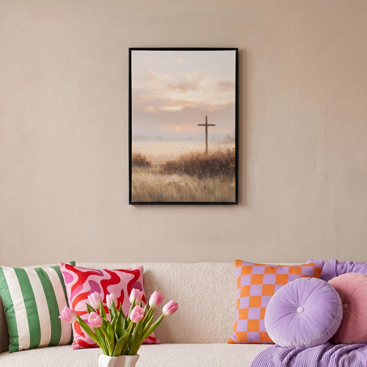 LEINWAND Bilder mit Rahmen - Gras - Morgennebel - Kreuz - Christentum - 40x60 - Beige, Textil (40/60cm) - MuchoWow
