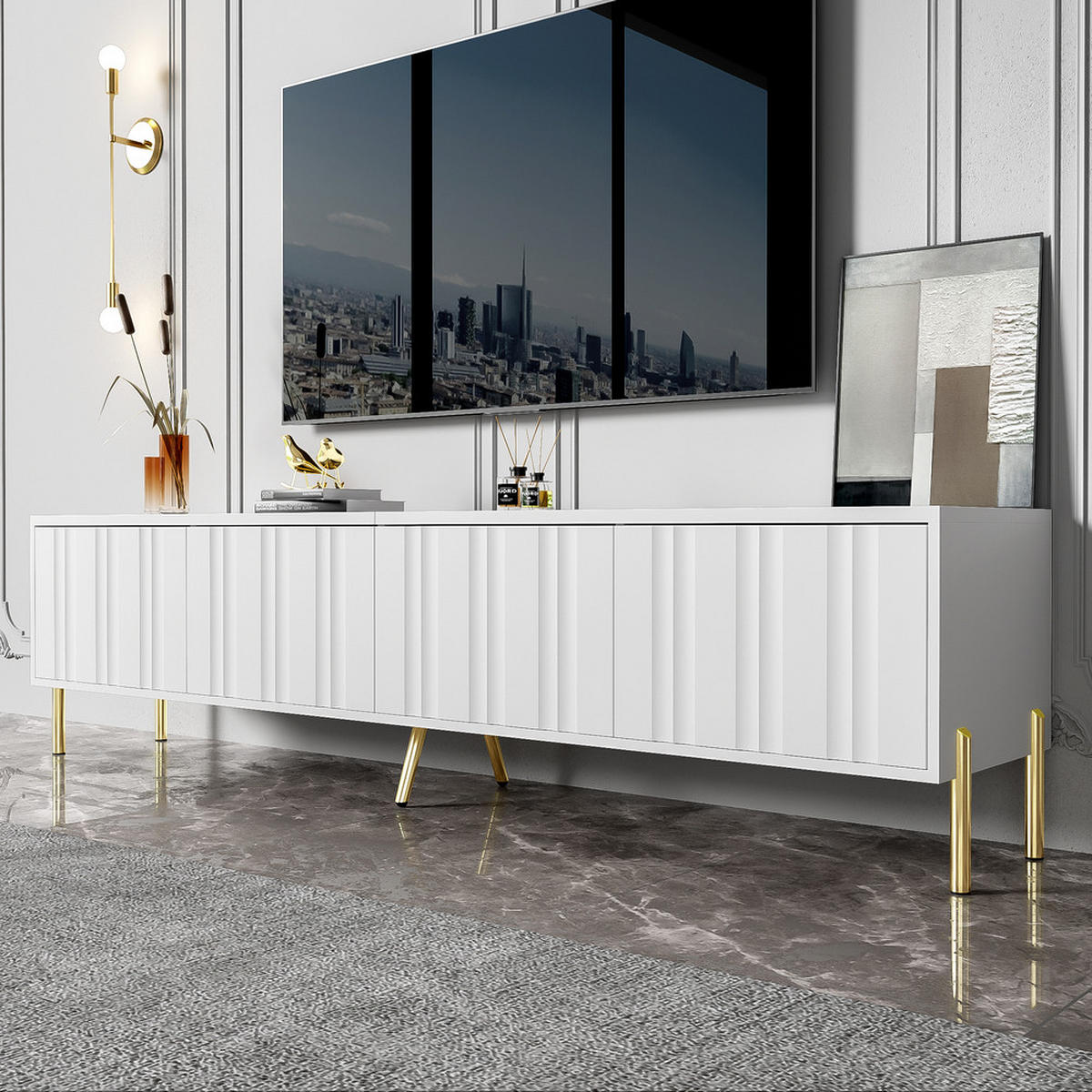 TV-SCHRANK 190x38cm Weiß mit goldenen Tischbeinen Rillen-Design - Weiß, Holz (46/27/60cm) - FLIEKS