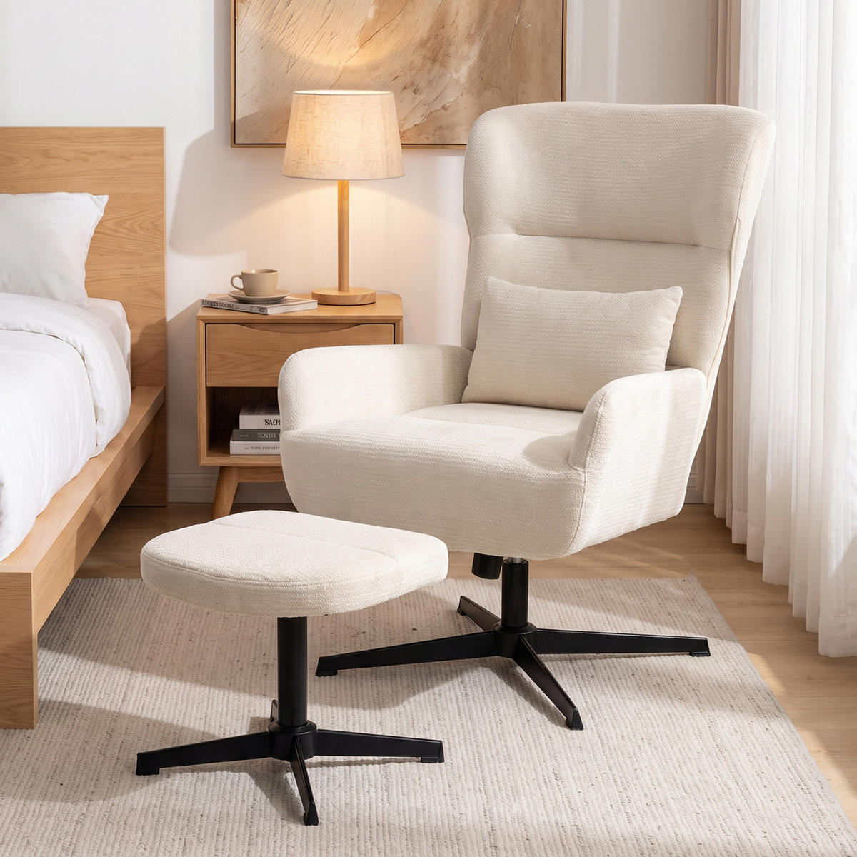 RELAXSESSEL-MIT-HOCKER 2er Set Polyester Cremeweiß - Creme/Schwarz, Textil/Metall (88/104/71cm) - HOMCOM