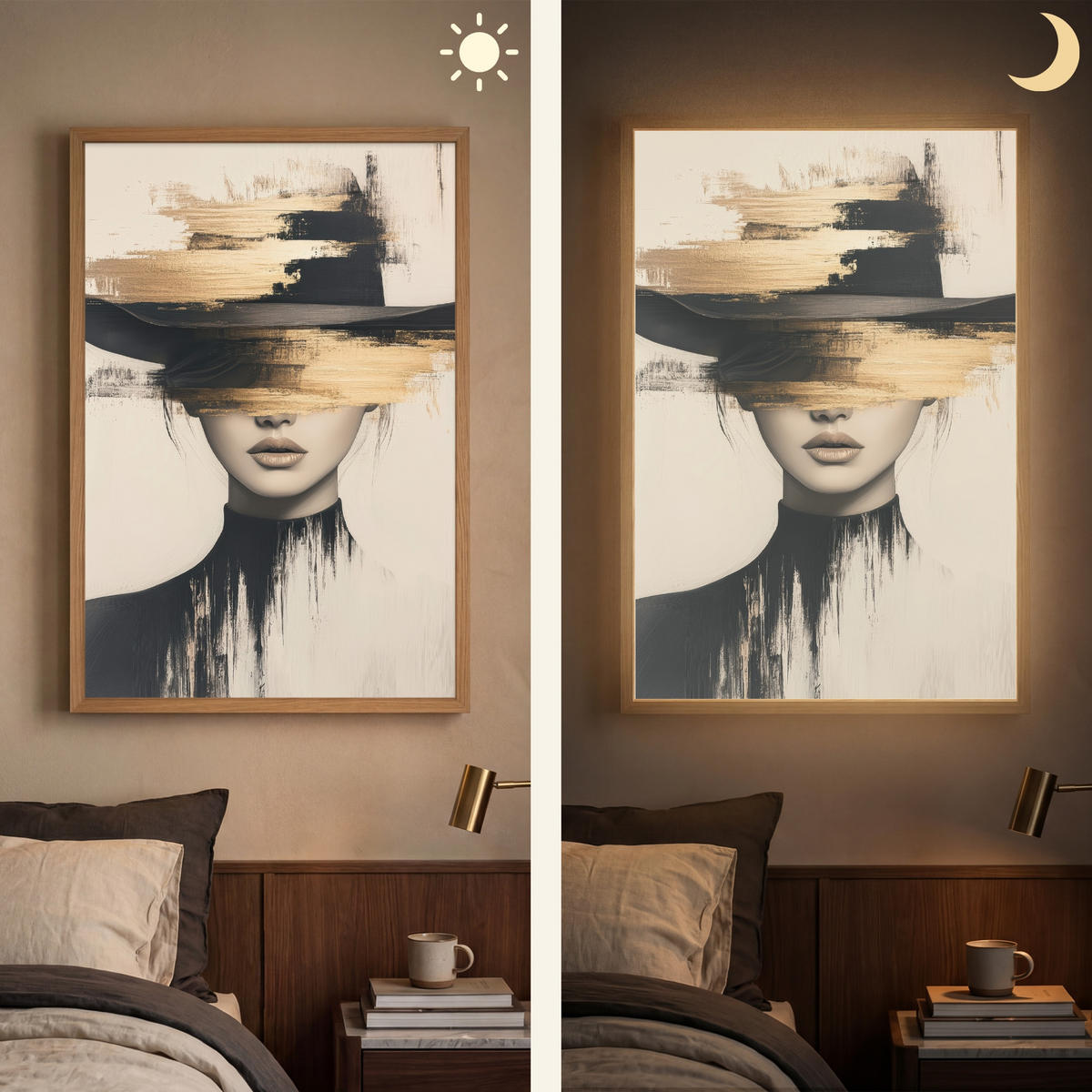 NÁSTĚNNÁ LAMPA S AKUMULÁTOREM Žena - klobouk - barva 70x100 cm - krémová, kompozitní dřevo (70/100/8cm) - OnlyWow