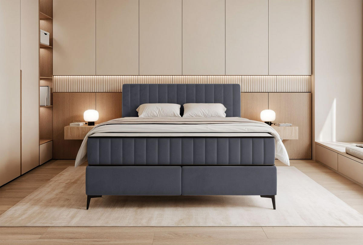 BOXBETT Mufasso Grau Samtbezug 180x200 cm - Schwarz/Grau, Textil/Metall (180/200cm) - Selsey
