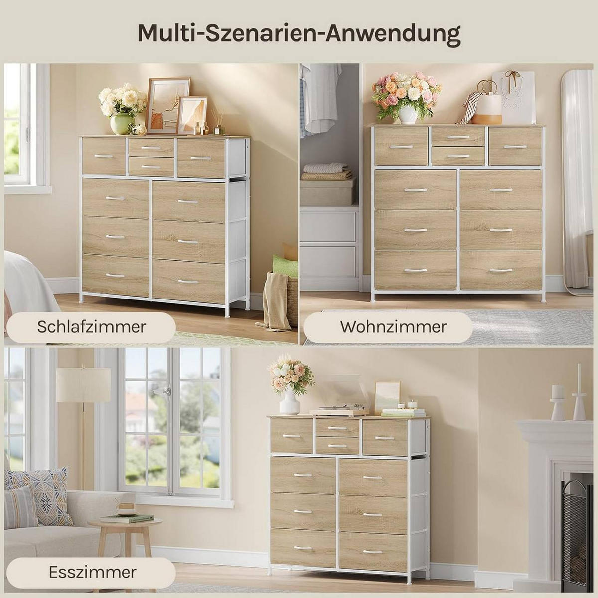 KOMMODE mit 10 Schubladen, Industrial Stil, Helle Eiche + Weiß - Eichefarben/Weiß, Holzwerkstoff/Textil (100/100/30cm) - Woltu