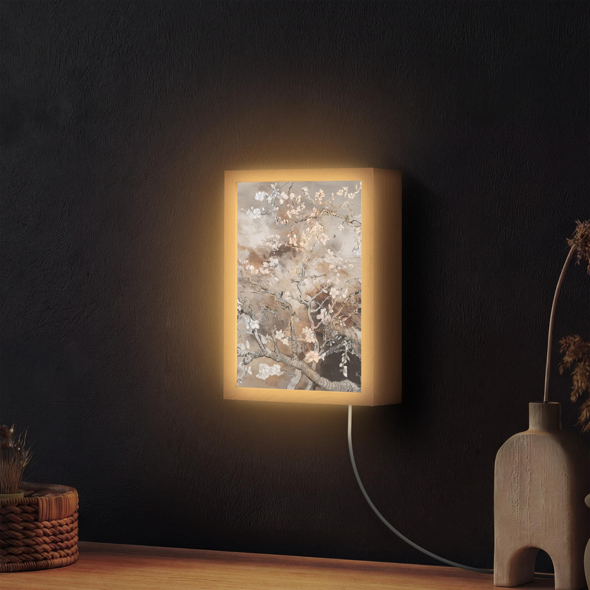 NÁSTĚNNÁ LAMPA Mandlový květ - Umění - Van Gogh - Béžová - Abstraktní 20x30 cm - šedohnědá, kompozitní dřevo (20/30/8cm) - OnlyWow