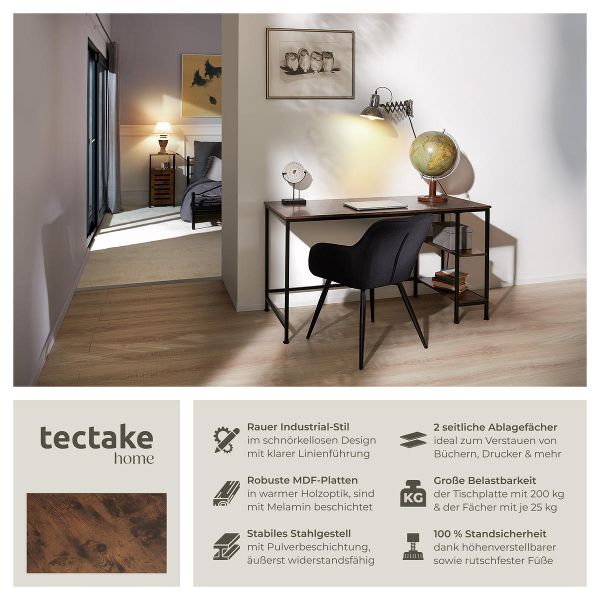 SCHREIBTISCH Donegal,140 x 60 x 76,5 cm,Industrial Holz dunkel, rustikal - Rostfarben, Holz (140/60/76.5cm) - tectake