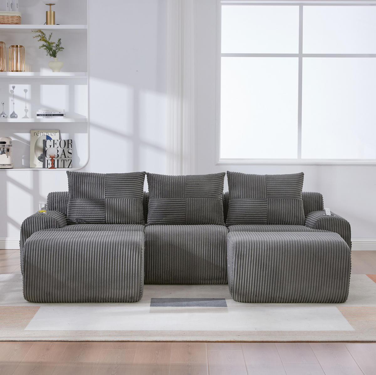 WOHNLANDSCHAFT 268/174/66 cm in Dunkelgrau, modular mit Cupholder und Seitentasche - Dunkelgrau, Textil (174/80/268cm) - Flora Grace