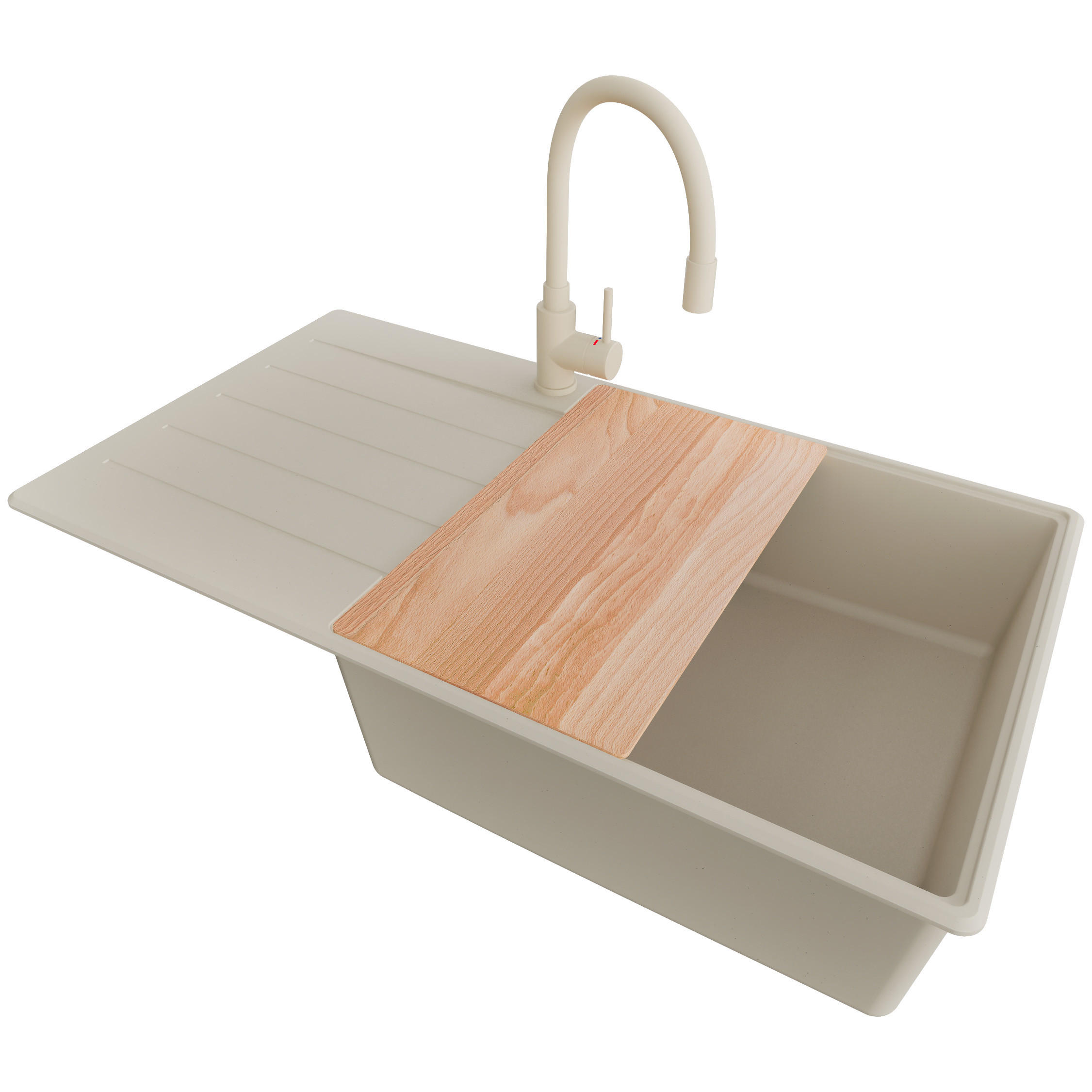 GRANITSPÜLE Kopenhagen, 2-er set Beige 90/50 cm 1 Becken + Küchenarmatur 38/14 cm + Ablauf-Set + Schneidebrett ab 60er Unterschrank - Chromfarben/Beige, Kunststoff (90/20/50cm) - Primagran