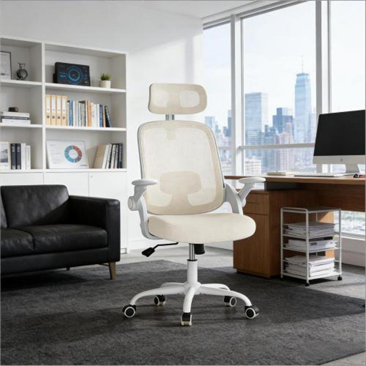 DREHSTUHL Ergonomisch Beige, Metall & Mesh, drehbar & rollbar, 63,5 x 47 x 117,5 cm - Weiß, Metall (63.5/117.5/47cm) - Albatros