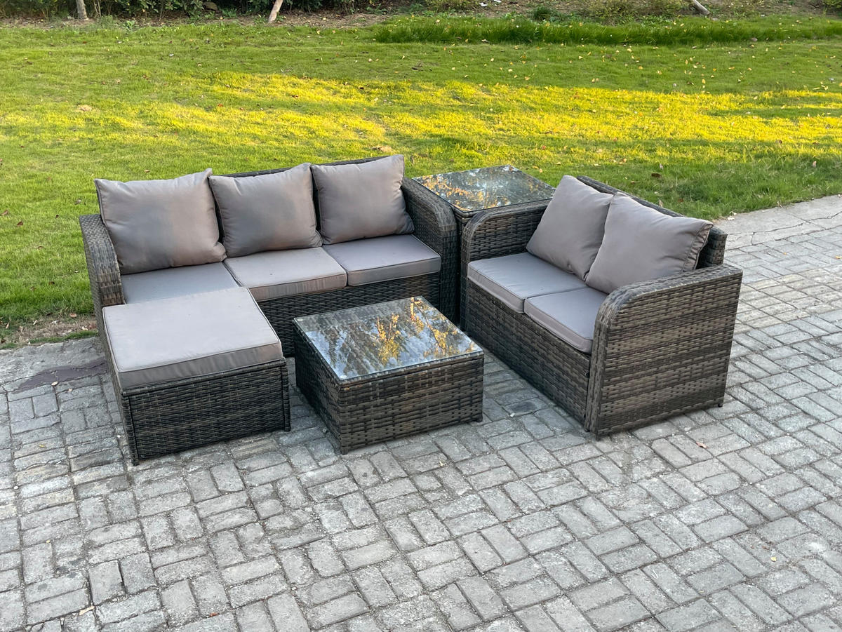 GARTENSOFA SET mit Couchtisch Polyrattan Dunkelgrau 5-teilige - Dunkelgrau/Grau, Glas/Kunststoff - Fimous