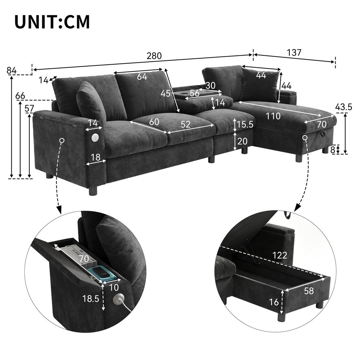 ECKSOFA 280/137/84 cm aus Chenille mit Schlaffunktion und Stauraum Grau - Grau, Textil (137/280cm) - Modenvie