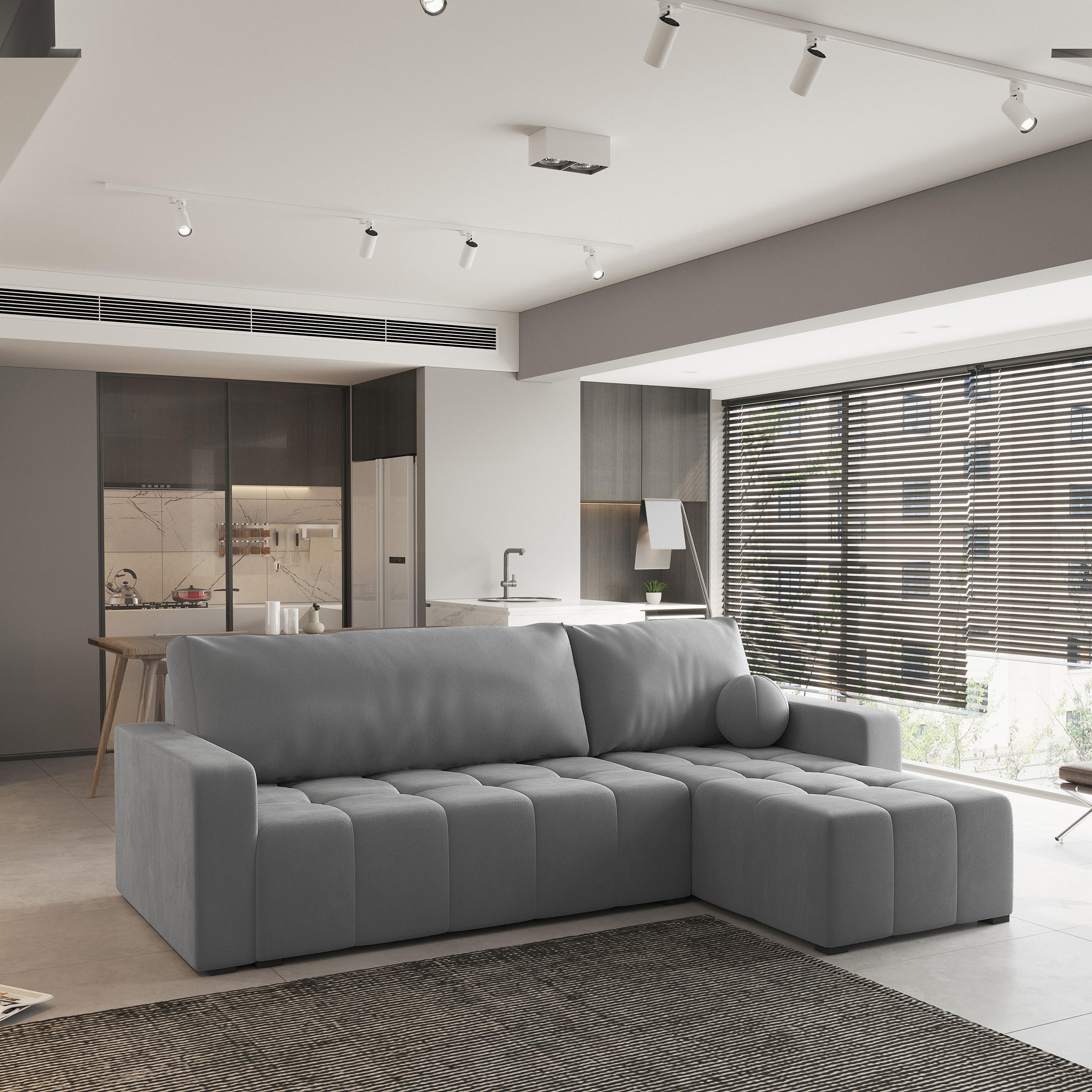 ECKSOFA VOLIRA Grau Plüsch-Stoff mit Schlaffunktion - Grau, Holz (230/143cm) - MASSENO