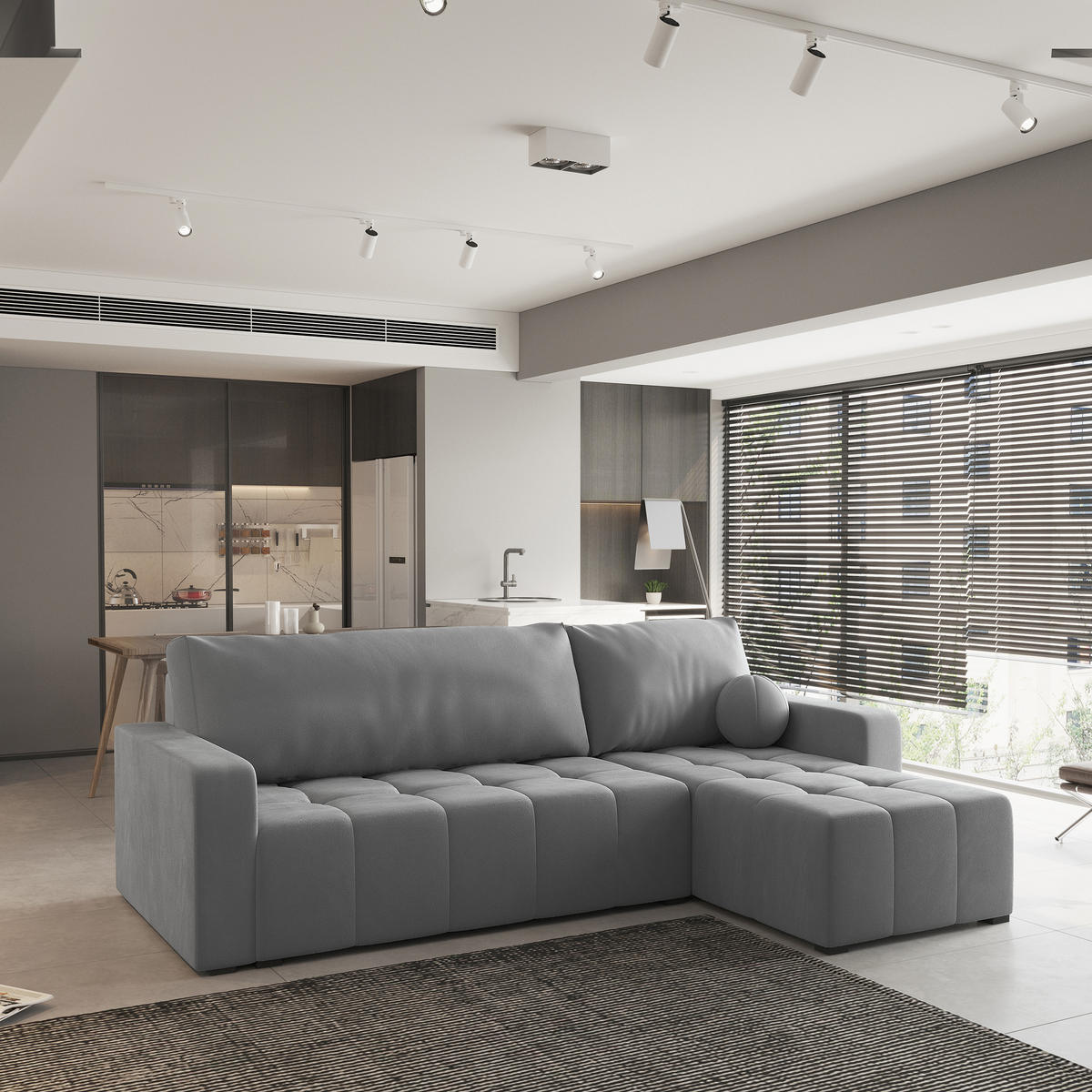 ECKSOFA VOLIRA Grau Plüsch-Stoff mit Schlaffunktion - Grau, Holz (230/143cm) - MASSENO