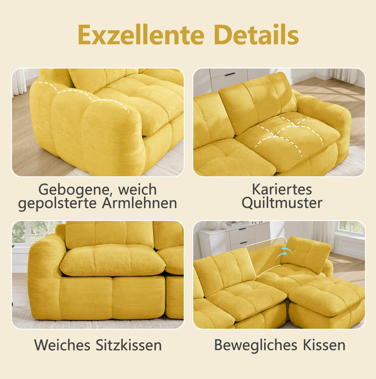 SOFA 194/160/68 cm in Gelb aus Chenille mit Hocker, rahmenlos und montagefrei - Gelb, Textil (160/68/194cm) - Flora Grace
