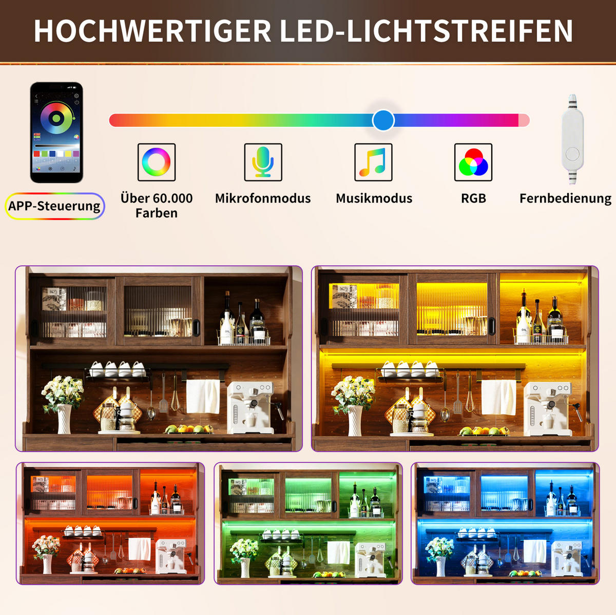 BUFFETSCHRANK aus MDF 145/39/171 cm mit LED-Beleuchtung und Lochwand, Braun - Braun, Holzwerkstoff (145/171/39cm) - Redom