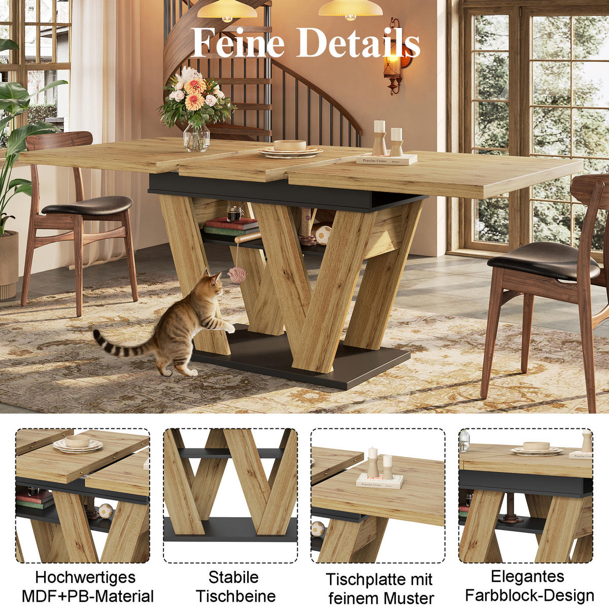 AUSZIEH-ESSTISCH aus MDF mit Ablagefach, 119-158,5/80/75 cm, Natur - Naturfarben, Holzwerkstoff (119/80/75cm) - Redom