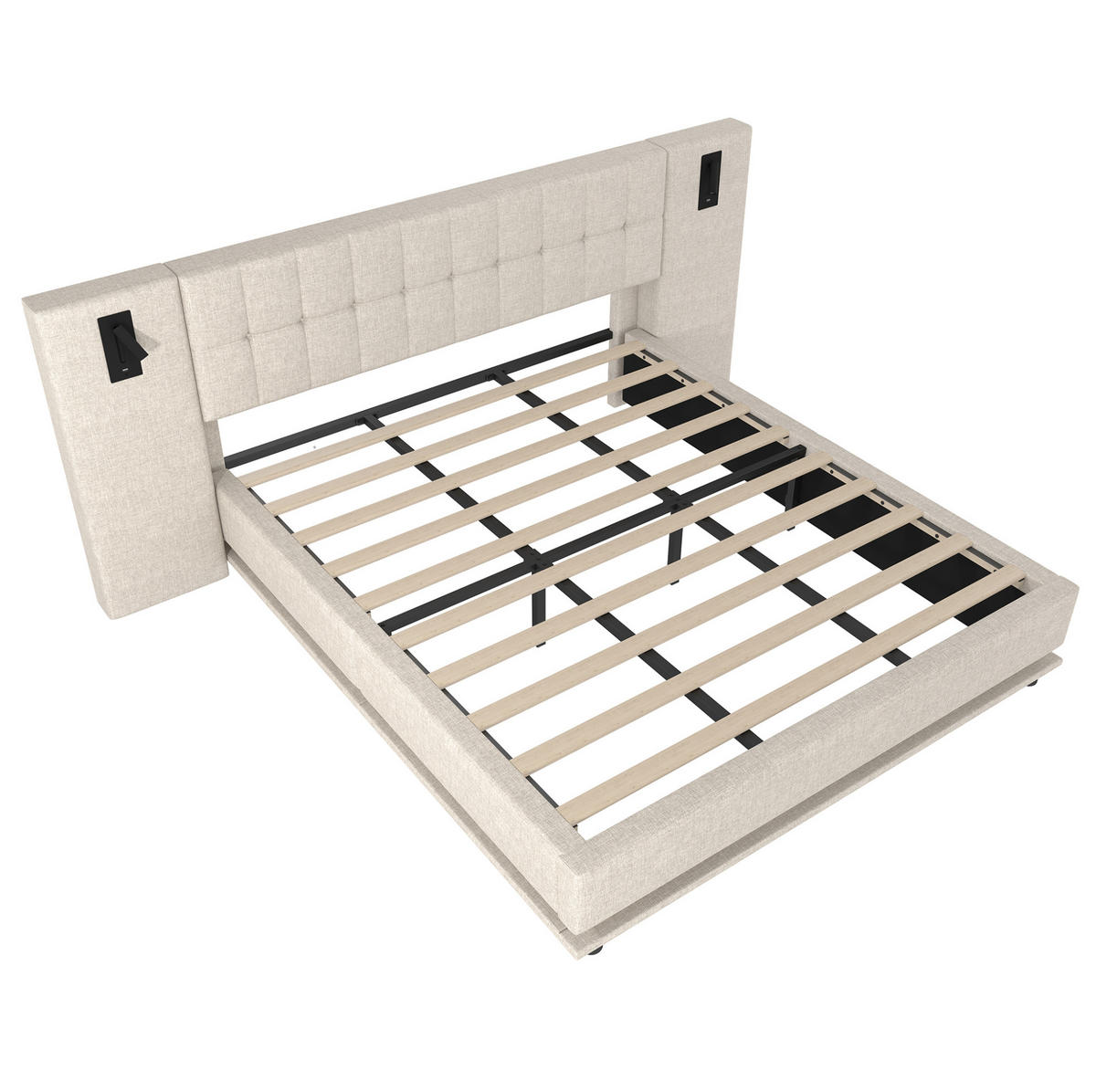 POLSTERBETT aus Leinen und MDF 180x200 cm Beige mit LED-Beleuchtung, Lesespot und USB-Anschluss - Beige, Textil (180/200cm) - IVMEU