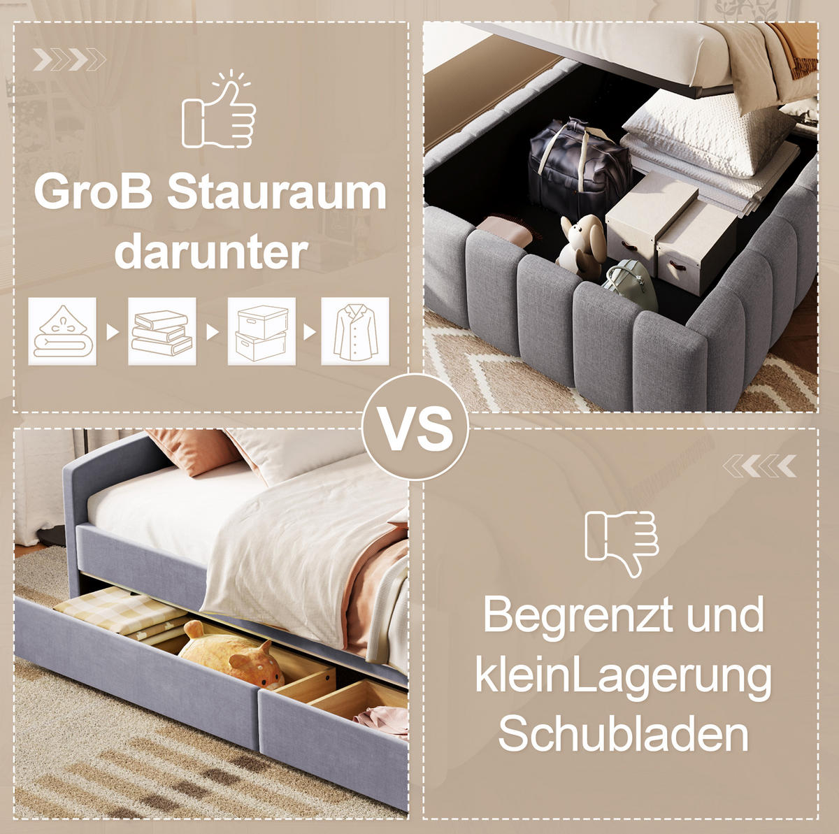 BETT mit hydraulischem Stauraum 90x200 cm Leinen Grau - Grau, Metall (90/200cm) - Meubliv