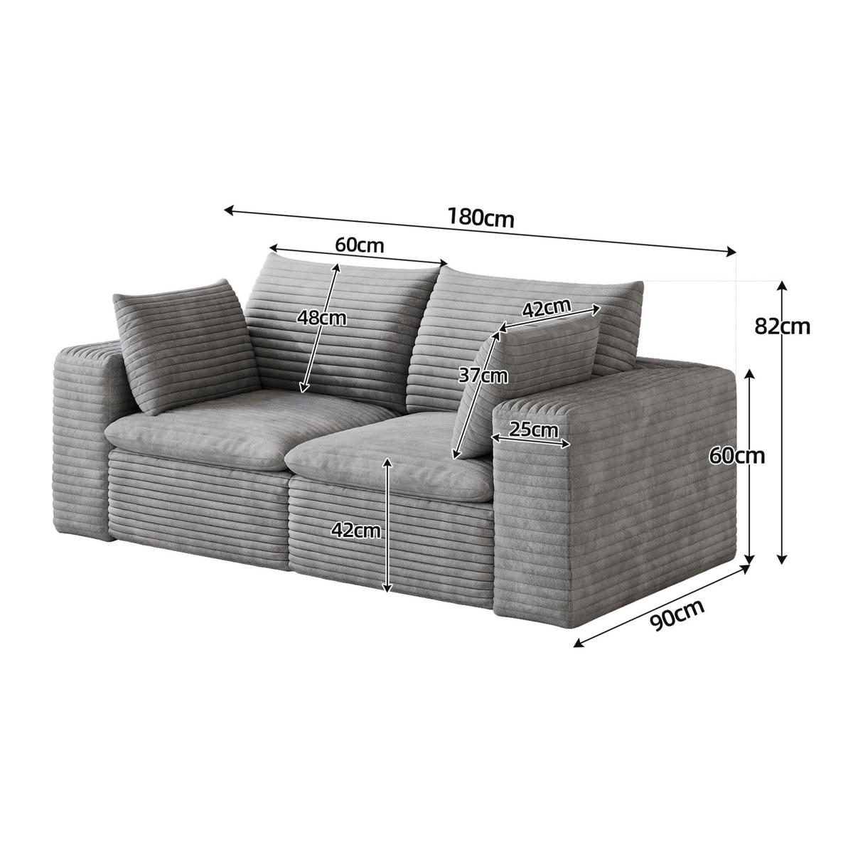 2-SITZER-SOFA aus Stoff 180 cm Grau ohne Montage mit abnehmbarer Polsterung und Schaumstoffkern - Grau, Textil (180/60/90cm) - Modfu