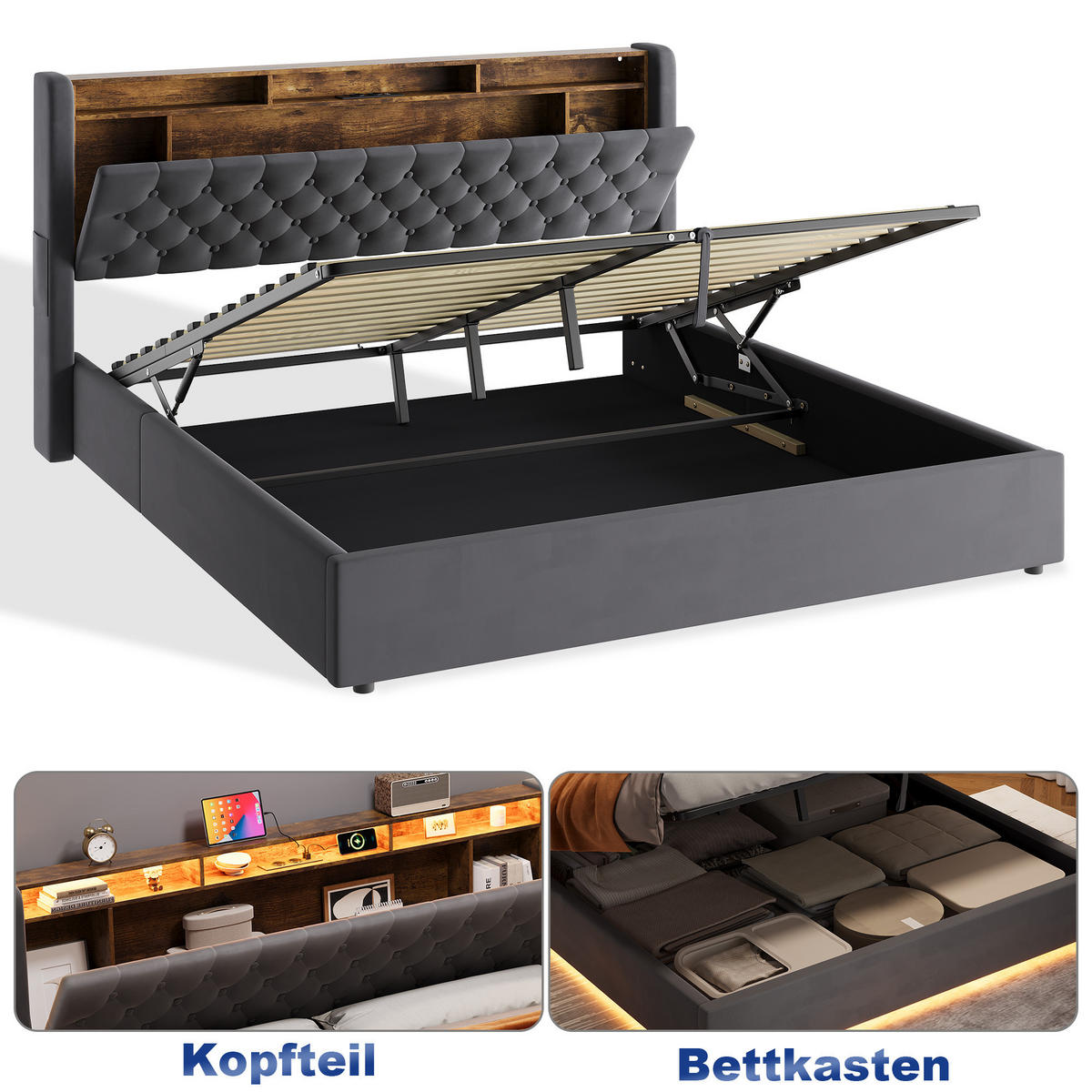 POLSTERBETT 180/200 cm in Dunkelgrau Samt mit Bettkasten, LED-Beleuchtung und USB-Anschluss - Dunkelgrau, Holzwerkstoff/Textil (180/200cm) - CHICFURN
