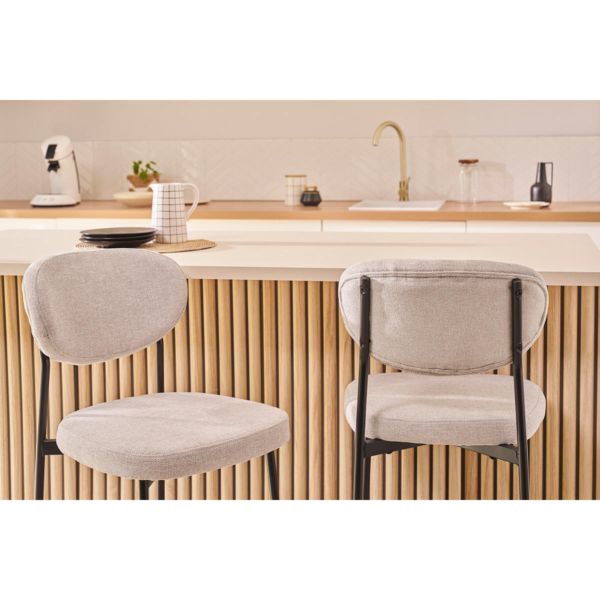 BARHOCKER Stoff Samteffekt Beige H65 2er-Set BREKA - Beige, Textil (52/96.5/44.5cm) - Miliboo