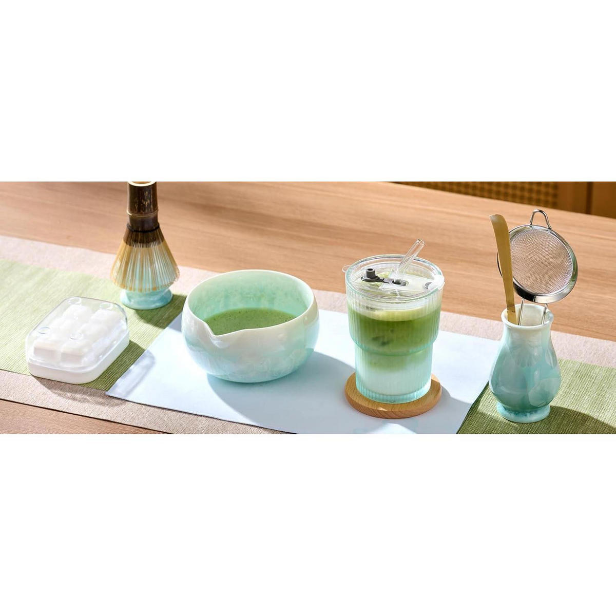 MATCHA Set 9-teilig Blau Kristallglasur Schale Bambusbesen & Halter Becher Eiswürfelform Löffel Sieb Teetuch - Multicolor, Keramik (15/10/20cm)