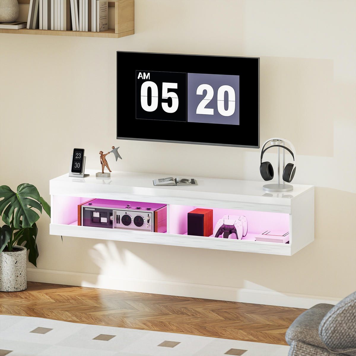 TV Schrank, Hängendes TV Lowboard mit RGB LED-Beleuchtung, offenen Stauraum - Weiß Hochglanz, Holzwerkstoff (40/30/140cm) - HOMCOM