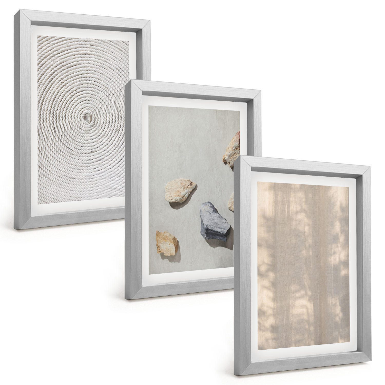 BILDER SET 3er Set - 20x30 cm Silberner Rahmen - Boho-Naturtexturen und -Strukturen - Silberfarben, Kunststoff (20/30cm) - TULUP