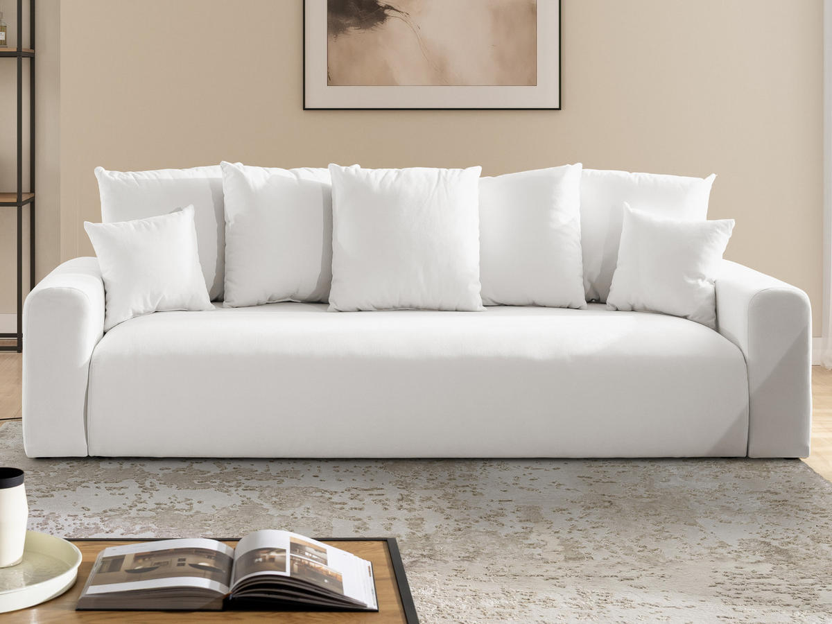 SCHLAFSOFA Calma mit Bettkasten im Bumpy-Design aus weichem Creme Webstoff - Creme/Schwarz, Holz/Kunststoff (239/88/98cm) - S-Style
