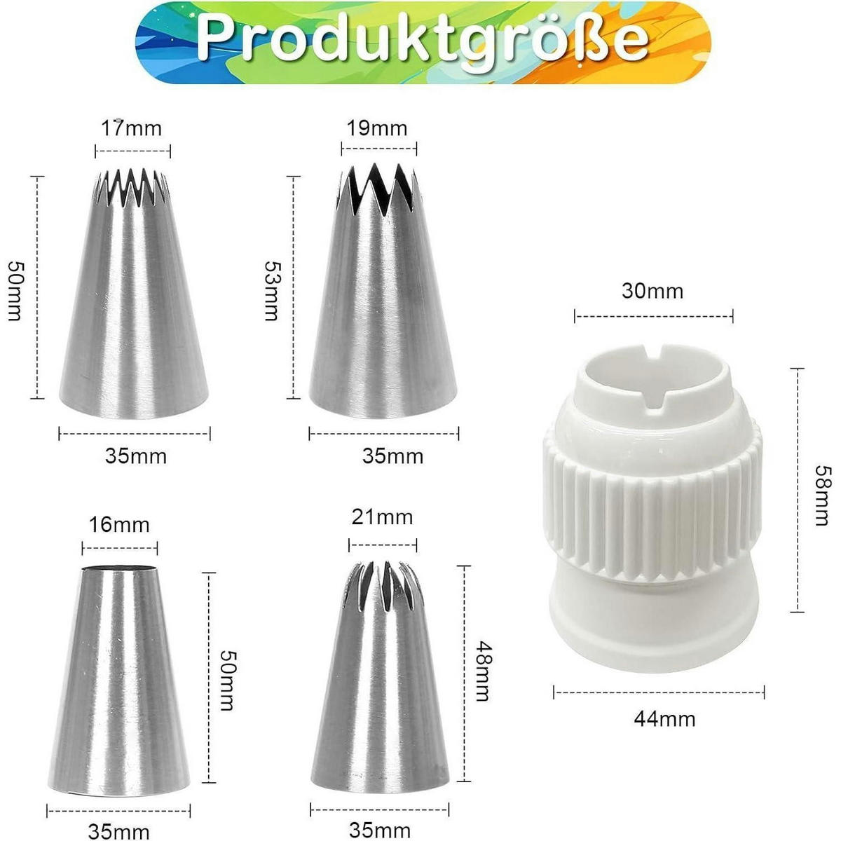 SPRITZTÜLLEN 4-teiliges Set Edelstahl mit Adapter - Silberfarben, Metall (4.4/1/5.8cm)