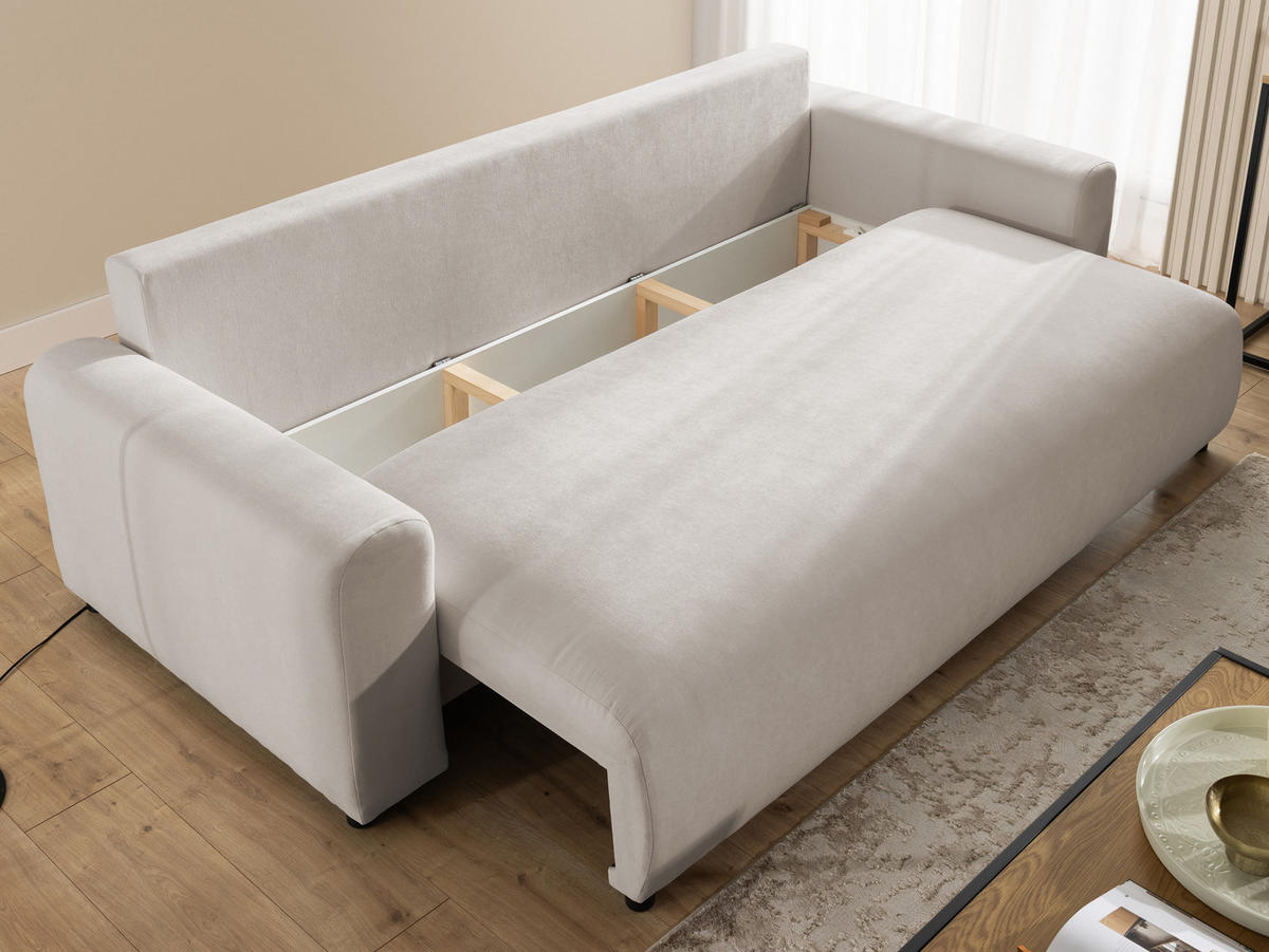 SCHLAFSOFA Calma mit Bettkasten im Bumpy-Design aus weichem Beige Webstoff - Beige/Schwarz, Holz/Kunststoff (239/88/98cm) - S-Style