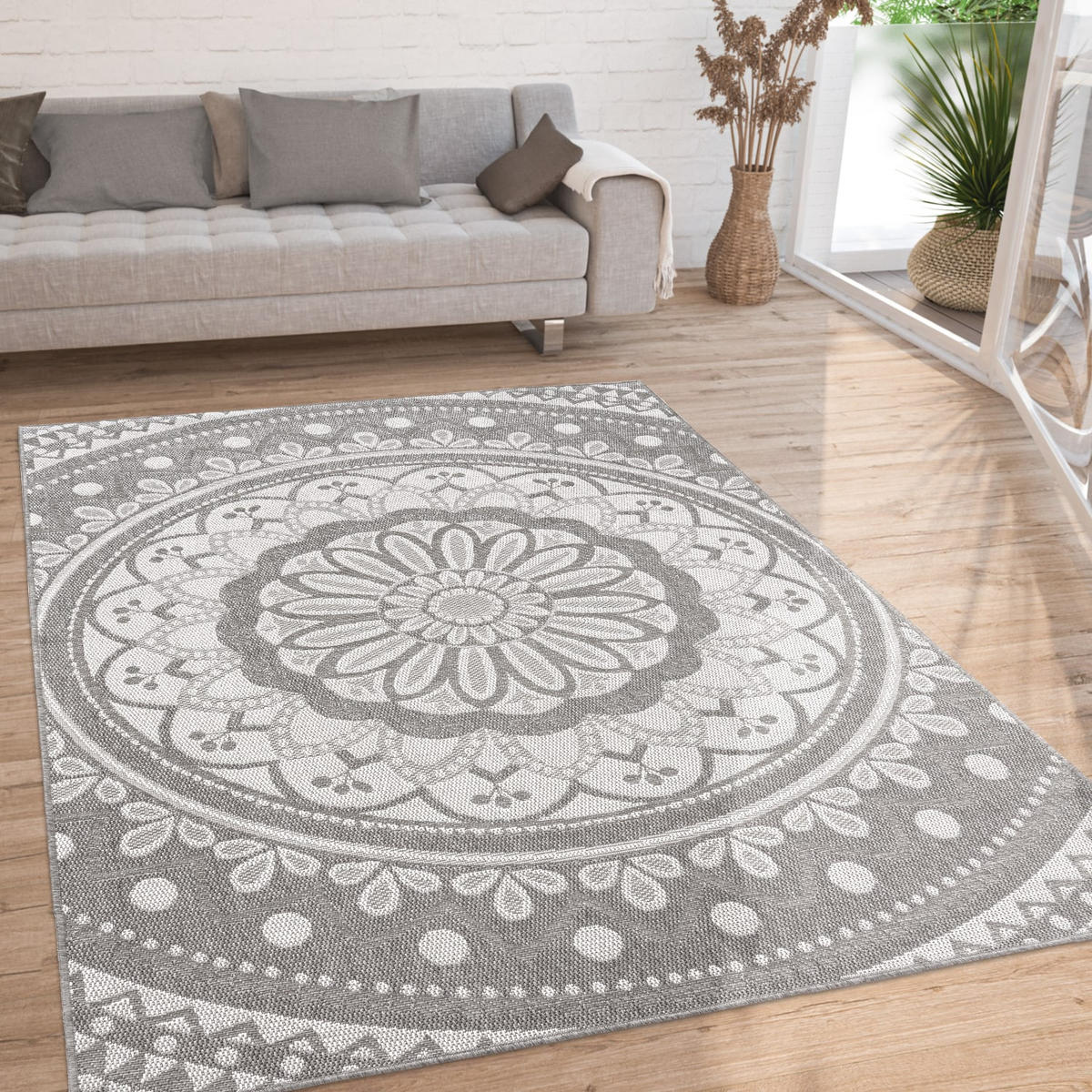 TEPPICH Kurzflor Mandala Wohnzimmer schmutzabweisend Grau Rechteckig 160x220 - Grau, Textil (160/220cm) - KADIMA DESIGN