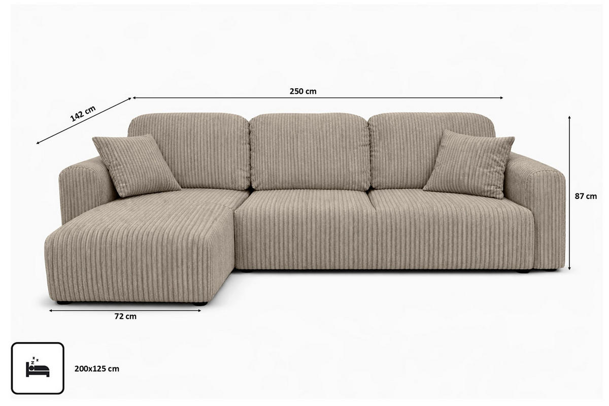 ECKSOFA Mit Schlaffunktion Und Bettkasten, Sofa L-Form Bingo L, Cordstoff Poso, Dunkelbeige, Links - Beige, Holz (250/142cm) - Kaiser Möbel