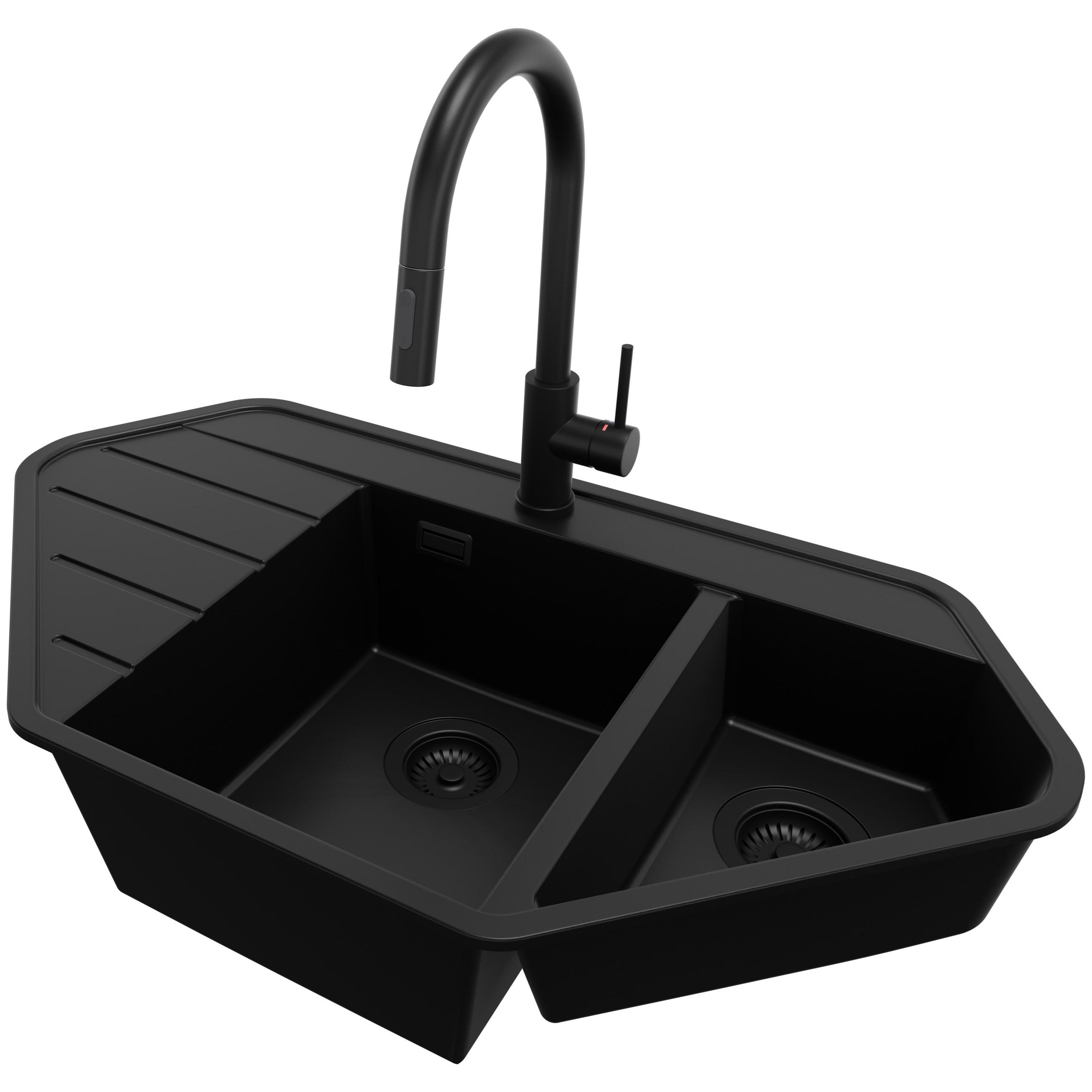 GRANITSPÜLE Kopenhagen Corner, 2-er set Alles Schwarz 90/50 cm 1,5 Becken + Küchenarmatur 40/20 cm + Ablauf-Set ab 70er Unterschrank - Schwarz, Kunststoff (90/18/50cm) - Primagran