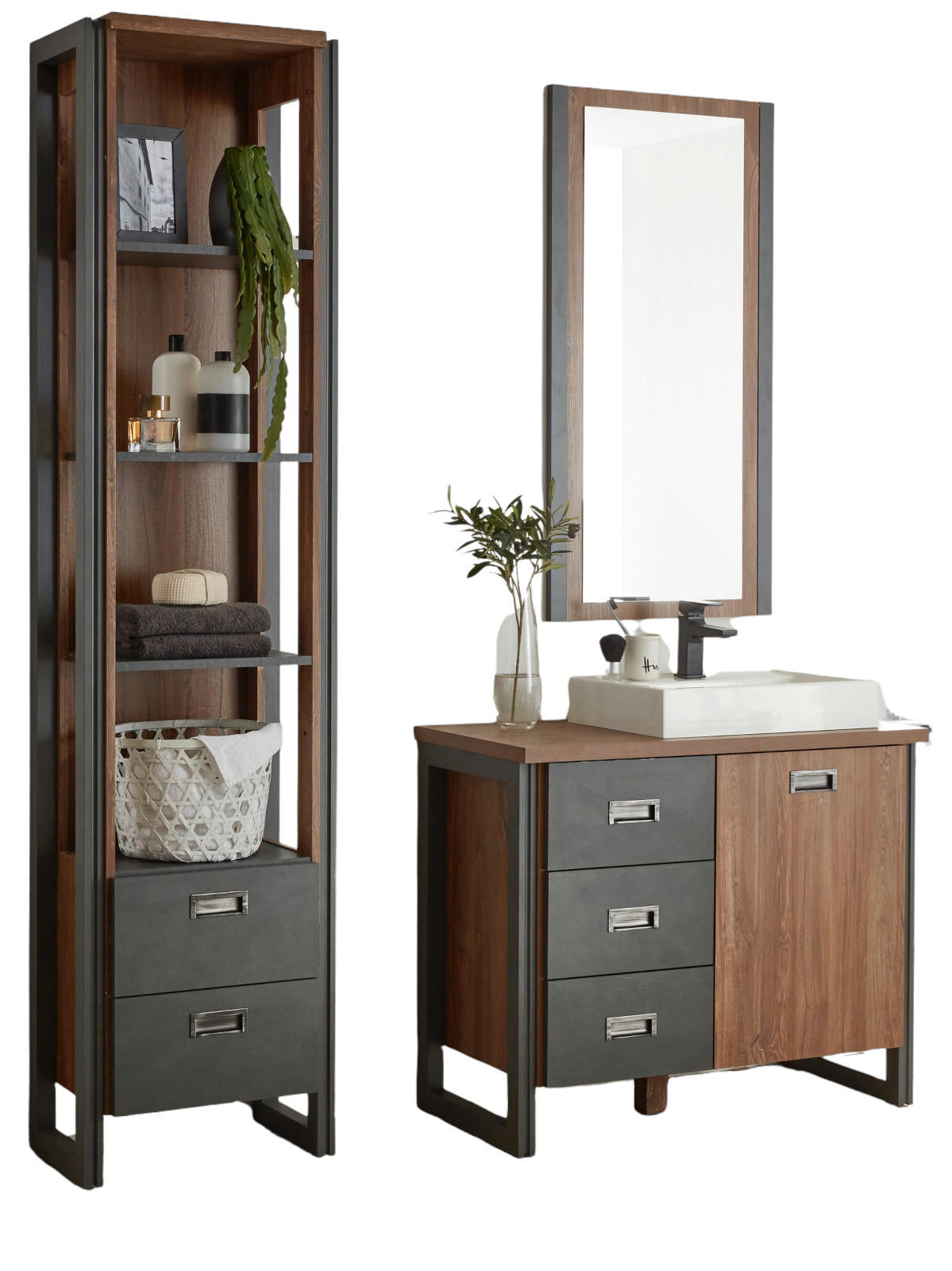 BADMÖBEL-SET 4-teilig Eiche Stirling, Matera grau, Badkombination MIT Waschbecken 160 x 205 cm - Eichefarben/Grau, Holzwerkstoff (161/205/40cm)