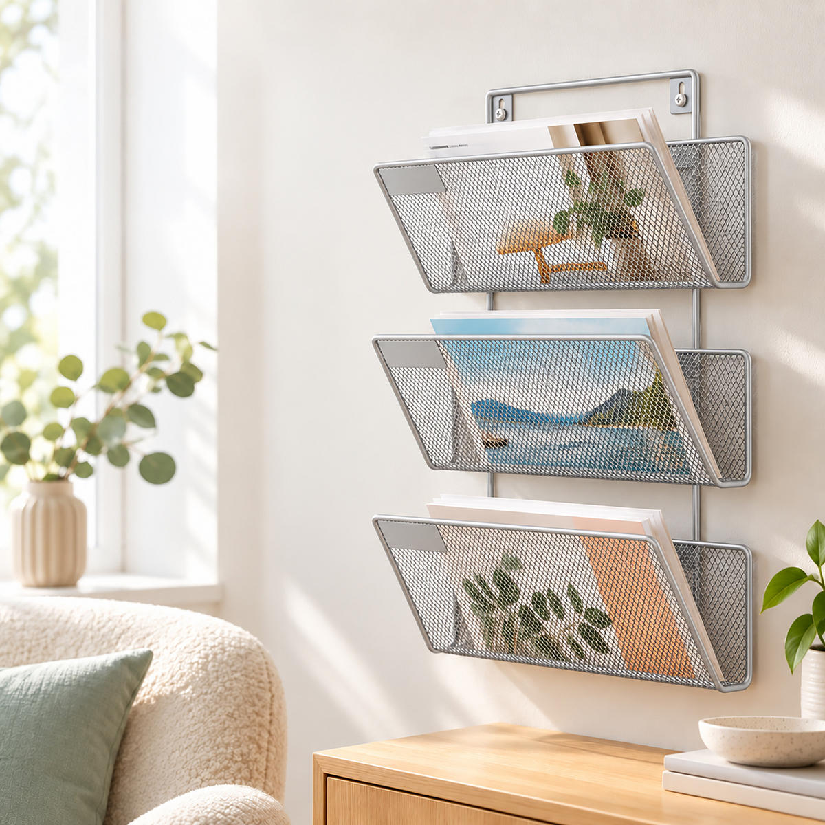 ZEITSCHRIFTENHALTER Silber Wandmontage 3 Ablagen - Silberfarben, Metall (32.5/41/12cm) - Relaxdays